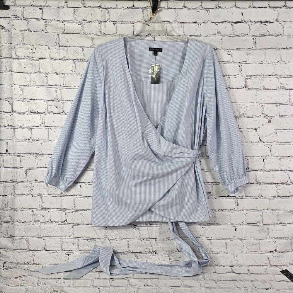 Lane Bryant Women's Sz 28 Blue Gingham Long Sleeve Wrap Blouse